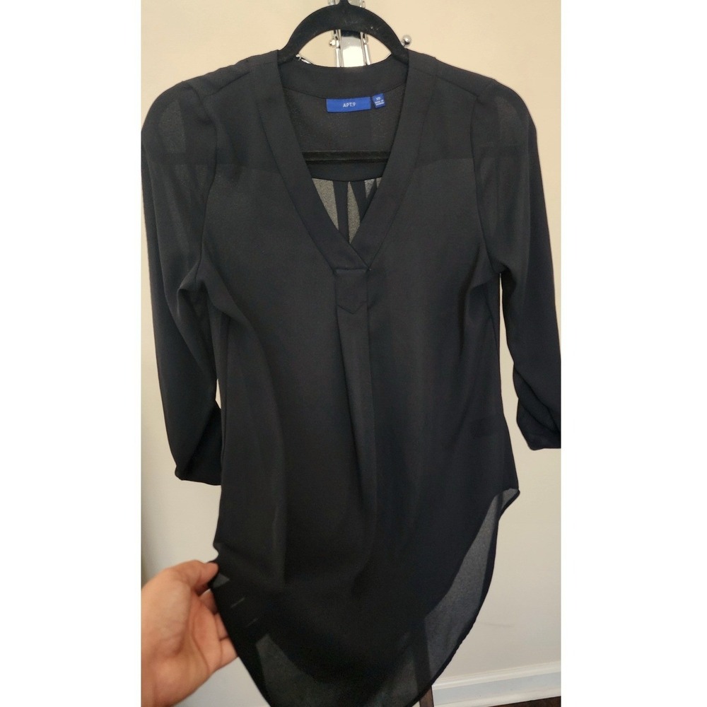Apt. 9 Womens Black Roll Tab Sleeve V-Neck Chiffon Blouse XS High Low Hem